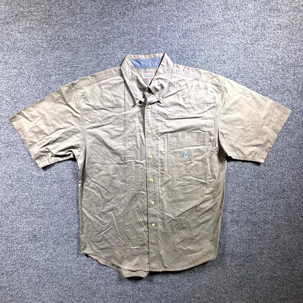 Vintage Bugle Boy Company Shirt Men Large Beige Cotton Button Front Short Sleeve
